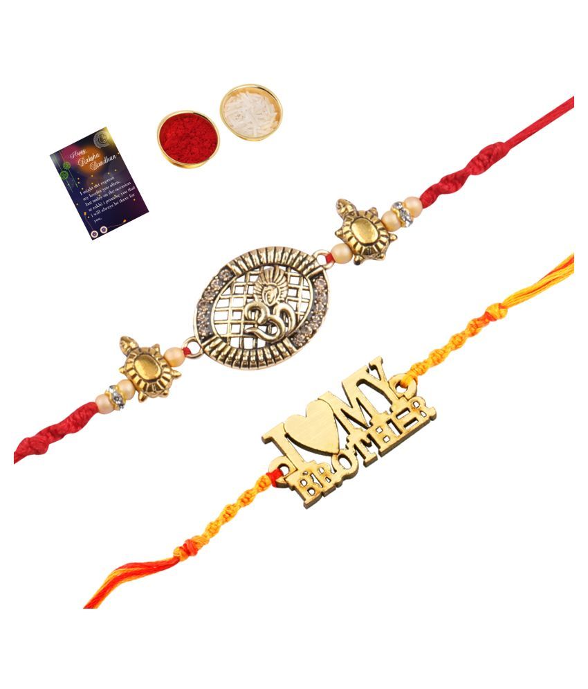     			Paola  Stylish  Bhaiya Rakhi " I LOVE MY BROTHER" Designer Pendent With  Designer Look "OM" Rakhi Combo  For Bhaiya With Roli Chawal And  Greeting Card