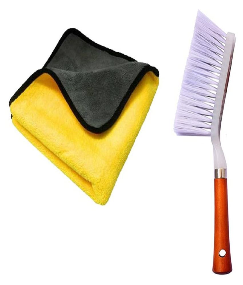     			INGENS Combo of Car and Carpet Cleaning Brush and Microfiber Cleaning Cloths,40x40cms 600GSM Highly Absorbent, Lint and Streak Free,Wash Cloth for Car, Window Yellow(Pack of 1 Cloth and 1 Brush)