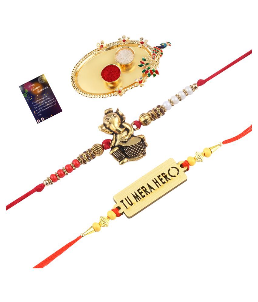     			Paola Bhaiya Rakhi " Tu Mera Hero" Deginer Pendant With Designer Look "GANESH JI"Rakhi Combo  For Bhaiya With Roli Chawal And Greeting Card 1 Kankawati Pooja Thali