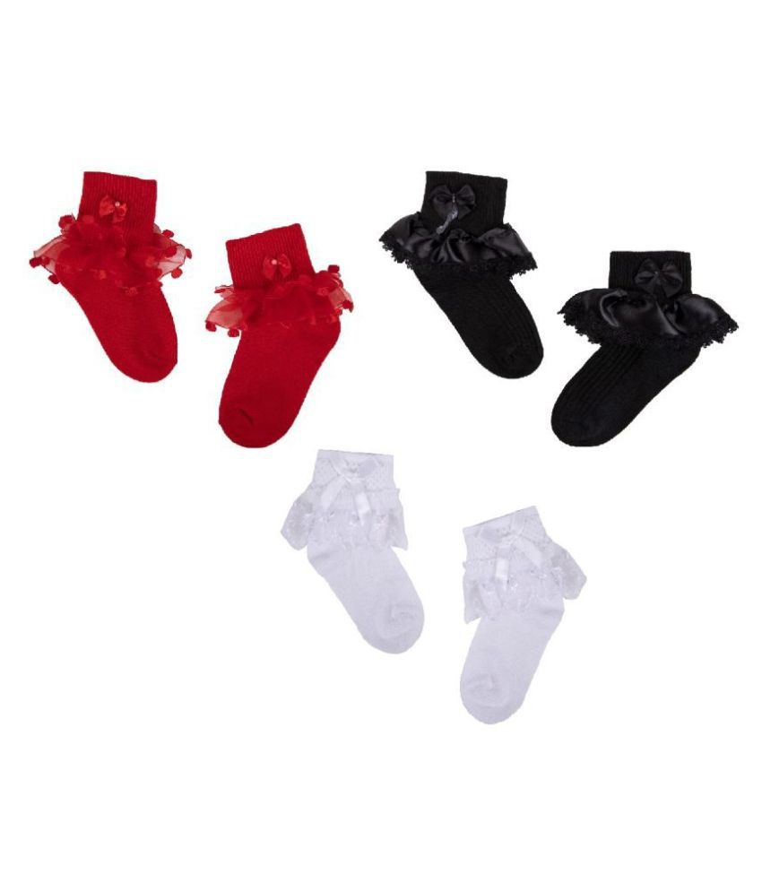 N2S NEXT2SKIN Girl's and Babies Frill Socks Cotton Socks for Children - Pack of 3 Pairs (Red:Black:White, XS (0-1 Yrs))