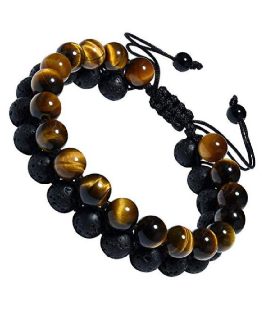     			8mm Yelow Tiger Eye Beads + Black Lava Rock Natural Agate Stone Bracelet