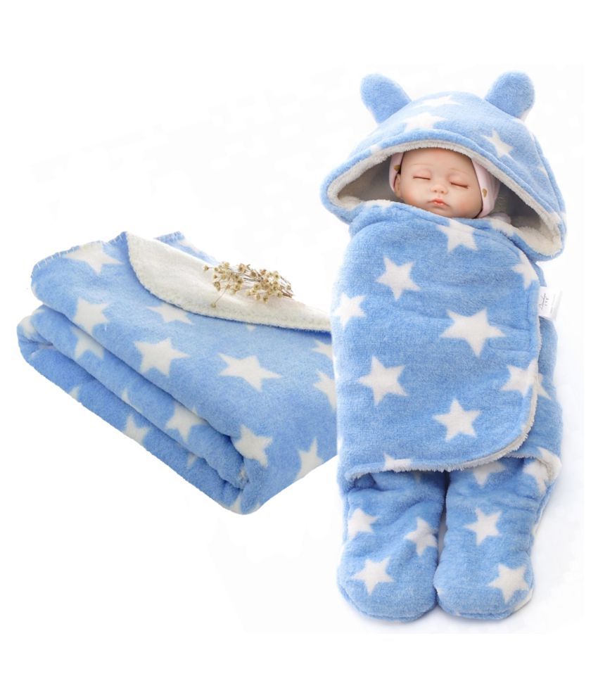     			Brandonn - Blue Cotton Blend Hooded Baby Blanket (Pack Of 2)