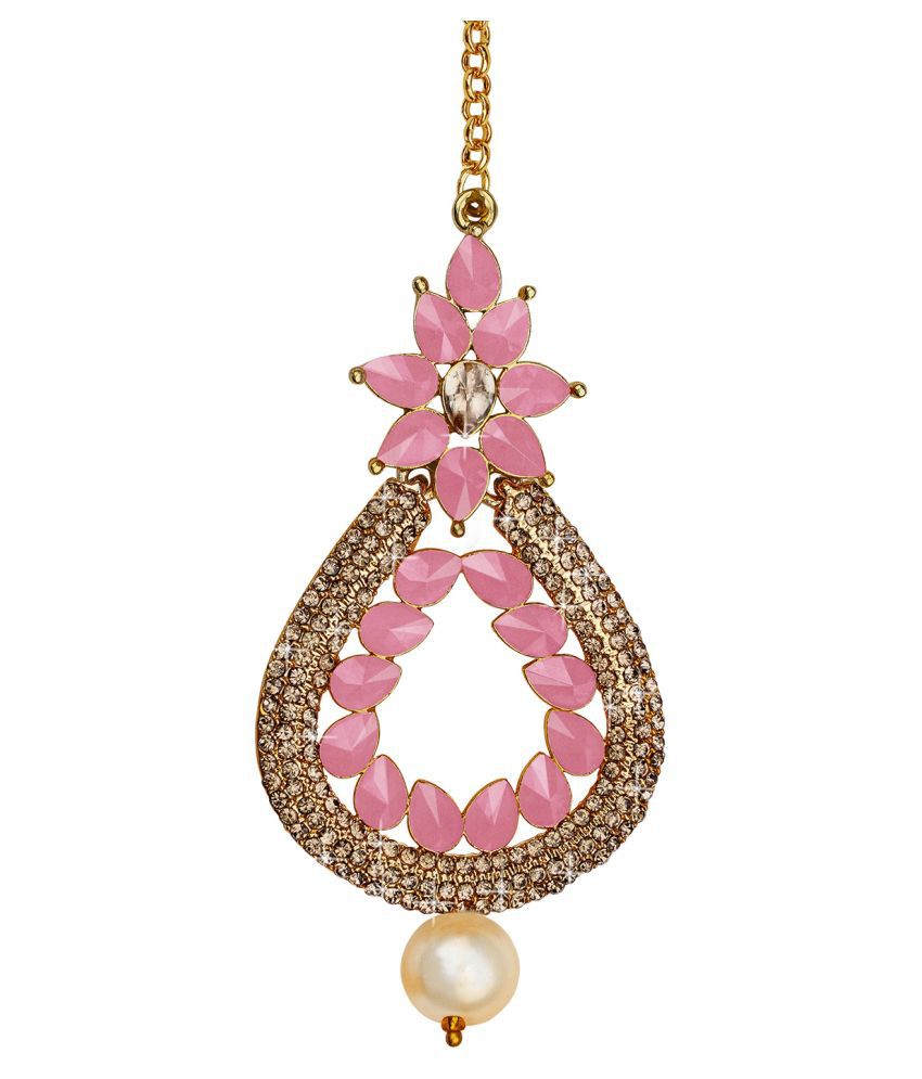     			Gold Tone Floral Polki Stone Studed Mang Tikka for Woman And Girls(Baby Pink)
