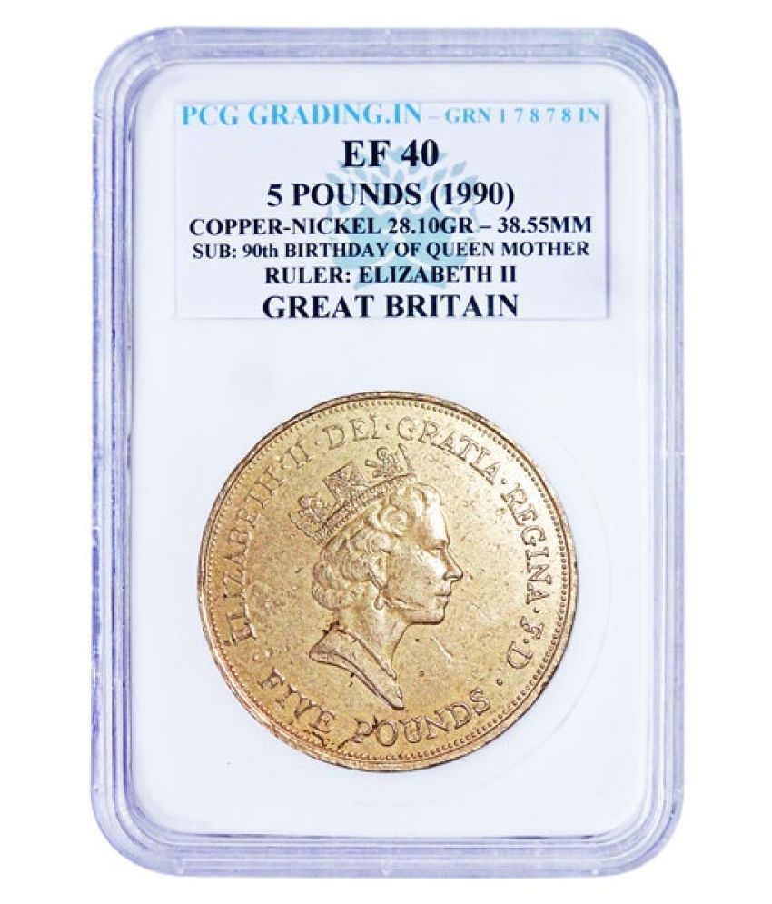     			PCG GRADING 5 POUNDS (1990) SUB: 90TH BIRTHDAY OF QUEEN MOTHER RULER: ELIZABETH II GREAT BRITAIN COPPER-NICKLE COIN