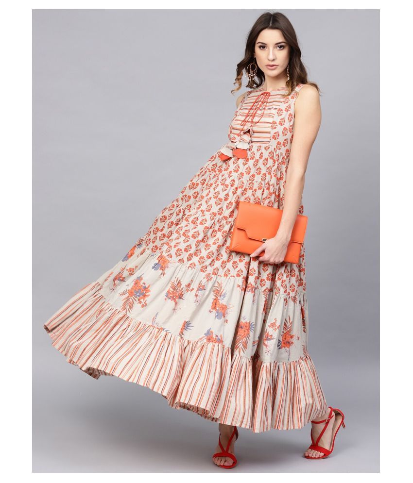 AKS Cotton Beige Fit And Flare Dress - Buy AKS Cotton Beige Fit And Flare Dress Online at Best 