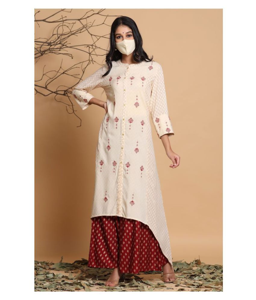     			Juniper Beige Rayon Asymmetrical Hemline Kurti - Single