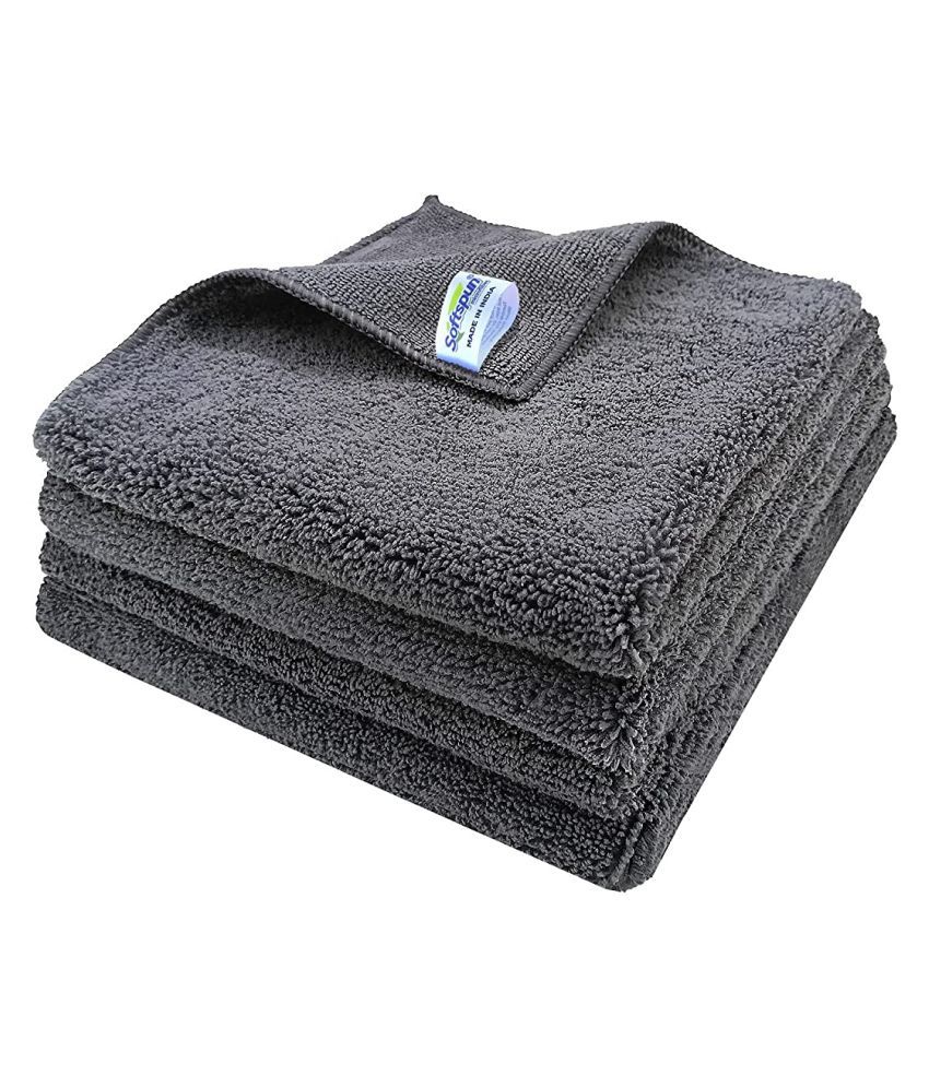 SOFTSPUN Microfiber High Loop Cleaning Cloths, 40x40 cms 4 pcs Towel Set 380 GSM (Grey). Thick Lint & Streak-Free Multipurpose Cloths.