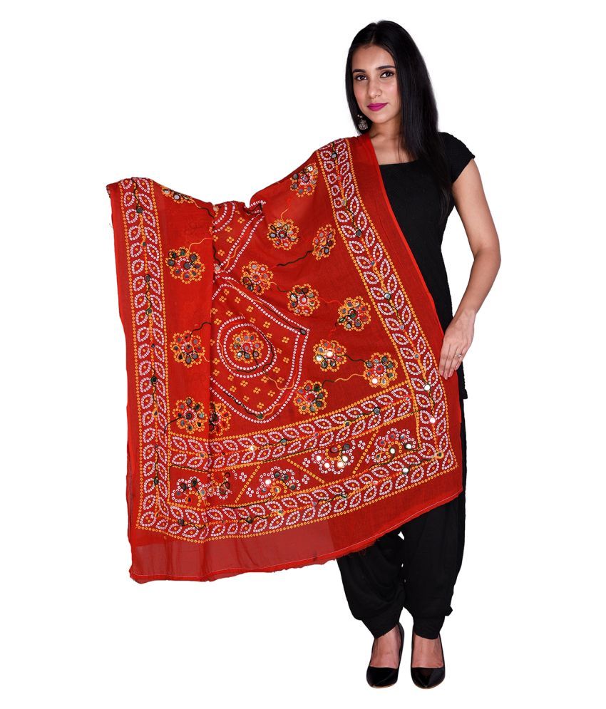     			Apratim Red Cotton Kutch Embroidered Dupatta - Single