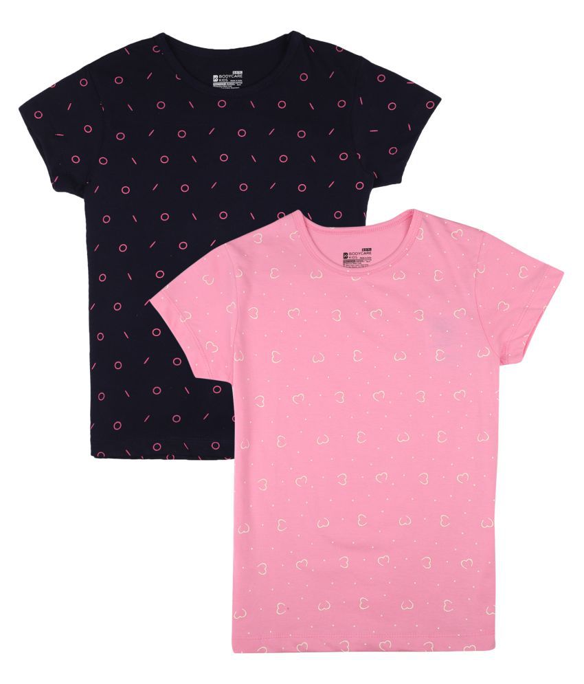     			Proteens Girl Round Neck T-Shirt Allover Print Pink and Dark Navy Pack of 2