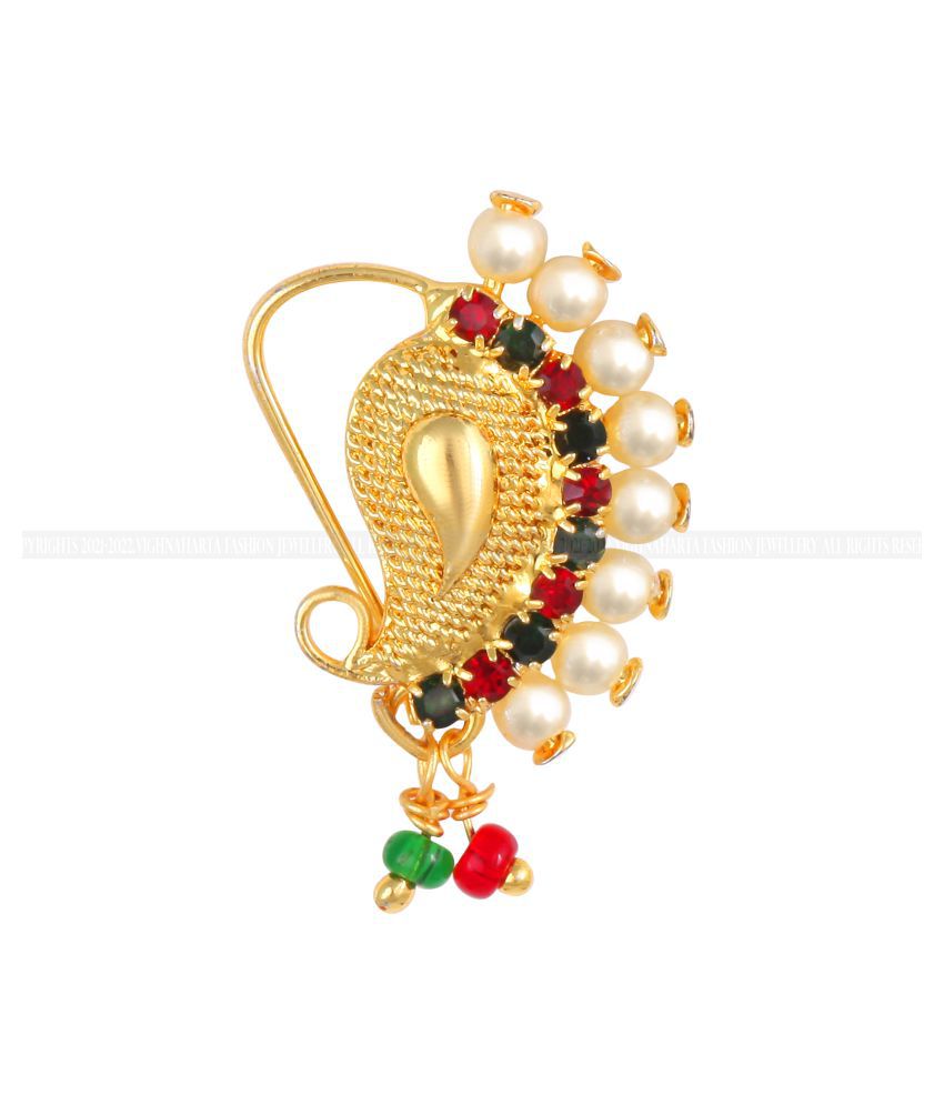     			Vighnaharta Gold Plated Mayur Design with Pearls and AD Stone Alloy Maharashtrian Nath Nathiya./ Nose Pin for women VFJ1020NTH-TAR