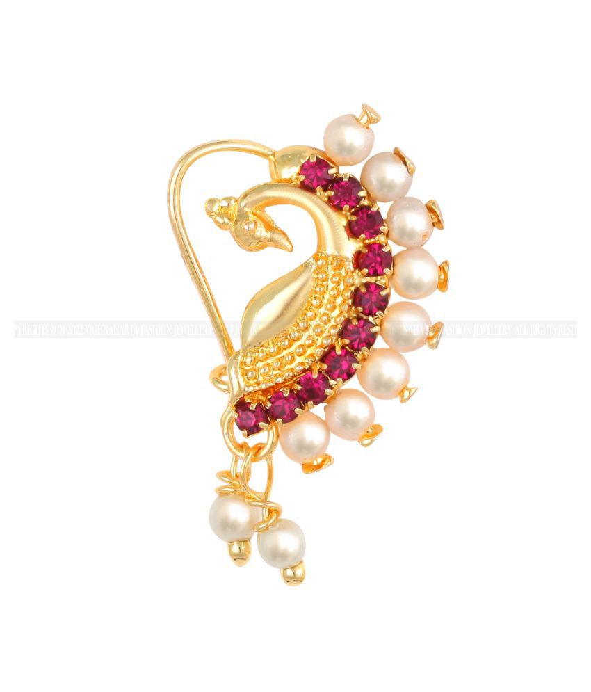     			Vighnaharta Gold Plated Mayur Design with Pearls and AD stone Alloy Maharashtrian Nath Nathiya./ Nose Pin for women VFJ1024NTH-TAR
