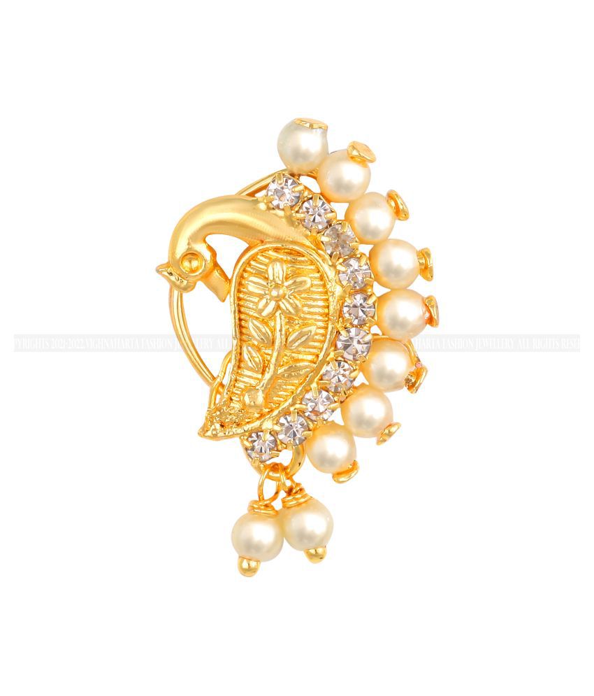     			Vighnaharta Gold Plated Mayur Design with Pearls and AD stone Alloy Maharashtrian Cultural Nath Nathiya./ Nose Pin for women VFJ1014NTH-Press