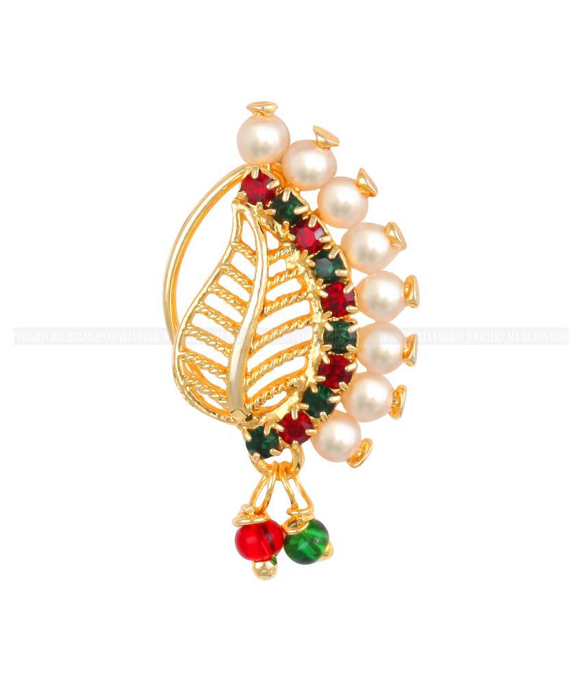 Vighnaharta Gold Plated Mayur design with Pearls AD Stone Alloy Maharashtrian Nath Nathiya./ Nose Pin for women VFJ1016NTH-Press