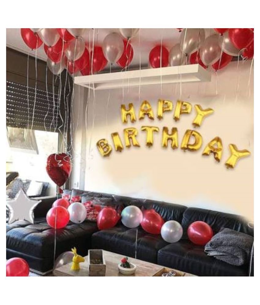     			KR Happy Birthday Golden Banner with Combo pack of 100 Red and White metallic balloon for special birthday party decoration plus 2 Red Heart Shape foil balloon good for couples and Birthday combo Set of 103 Balloon  (Red, White, Pack of 103)