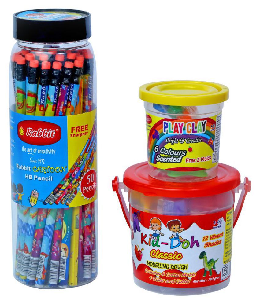 Pencil Jar 50 pencils + Kid Doh Classic Bucket +Play Clay 6 Colors Bucket|Play Doh Clay|Play Doh for Kids|Pencil |Play Clay for Kids|Play Doh Clay Set|Pencils set|Pencil box|Clay set for Kids|Stationery for Kids|Doh Set|Doh Clay|age is 3+|