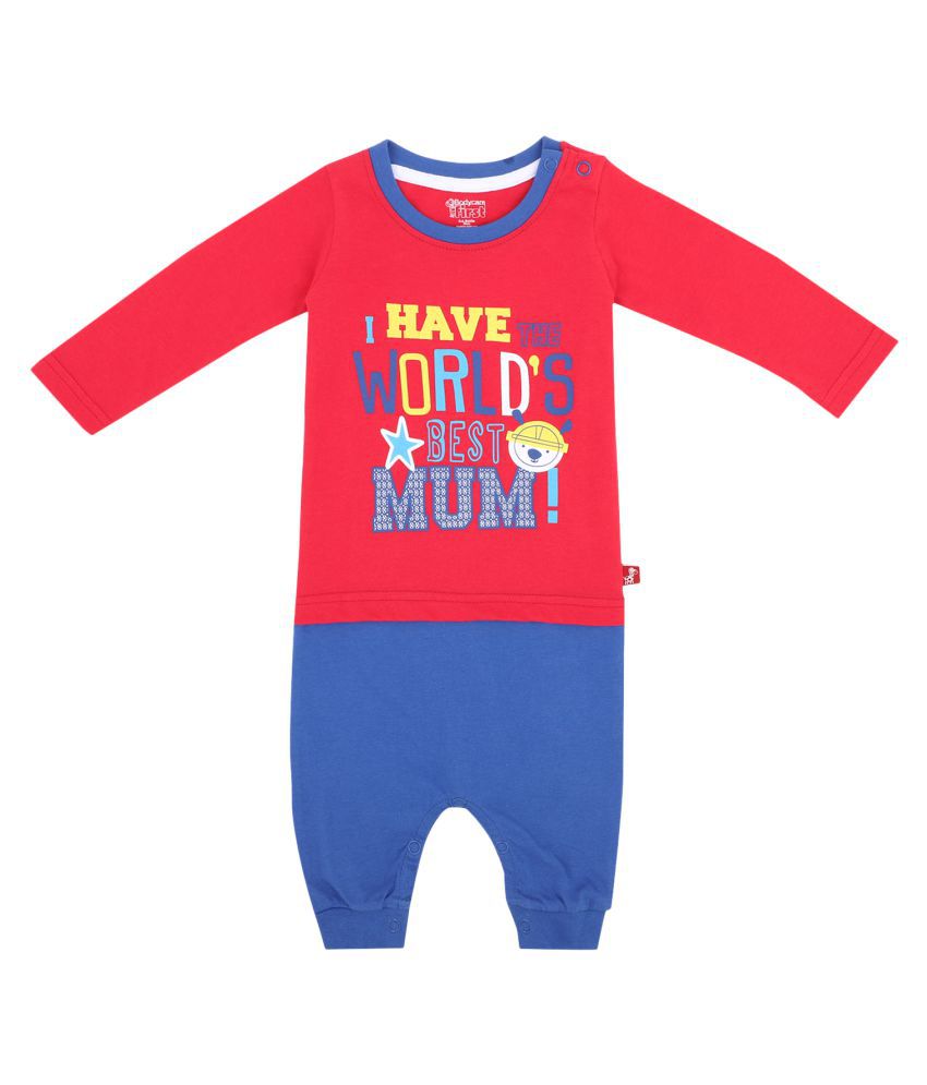     			Bodycare Kids Infant Boys Red and Blue Printed Round Neck Full Sleeves Romper