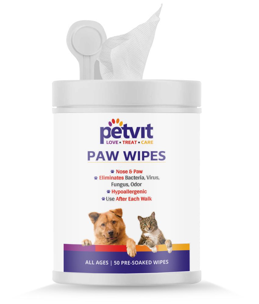Petvit Nose And Paw Wipes For Eliminates Bacteria, Virus, Fungus, Odor - Fragrance Less 50 Wipes |For All Age Group