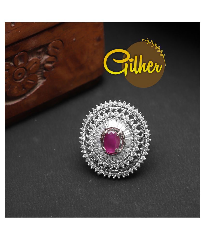     			Gilher Fancy American Diamond Pink Ruby Stone Cocktail Ring With Adjustable Size For Women And Girls