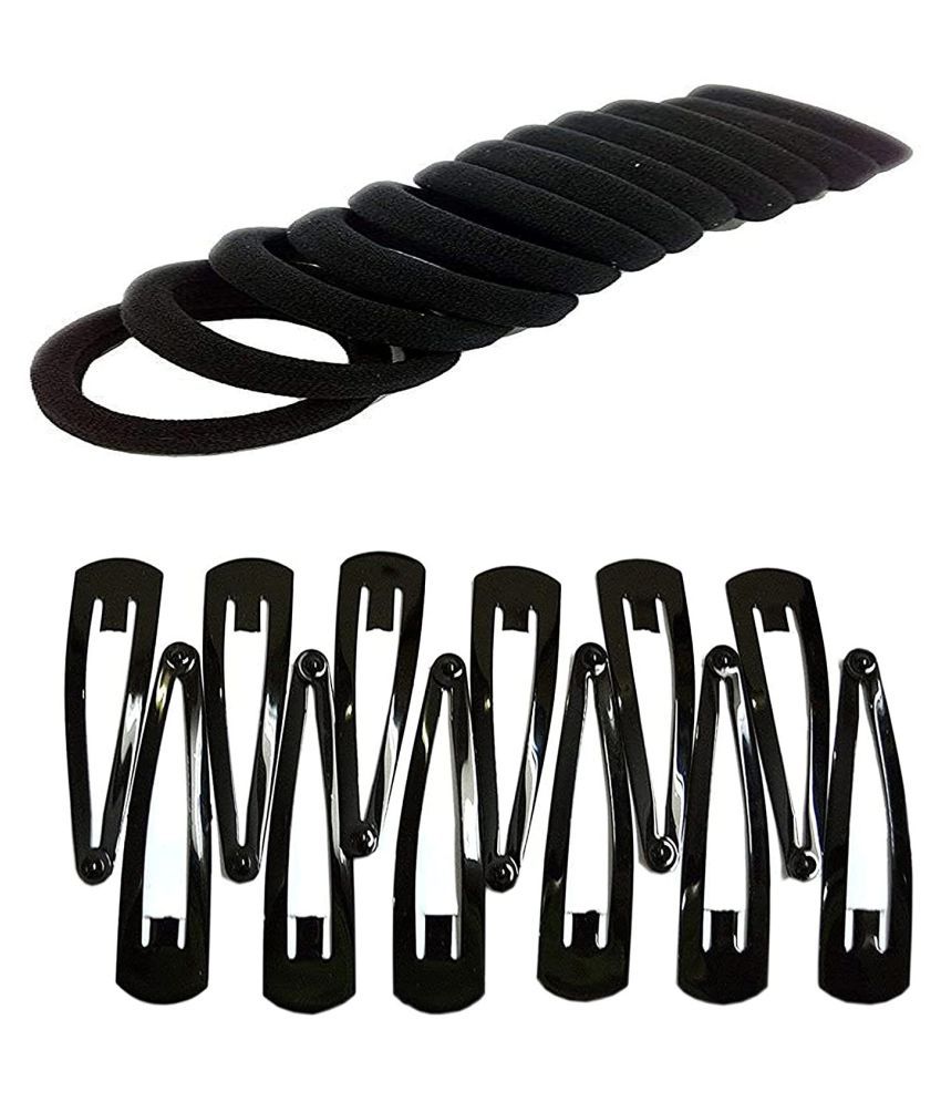     			ASG Daily Use Pack of 12 Black Thin Elastic Hair Ties Rubber Band with Metal (6.5 CM) Tic Tac Hair Clip/Hair Pins Hair Accessories Combo 24 Pcs