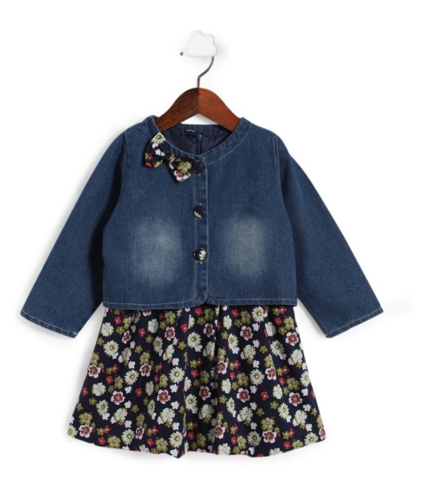 Hopscotch Girls Cotton and Polyester All Over Print Dress With Jacket in Blue Color For Ages 6-7 Years (ADX-2363068)
