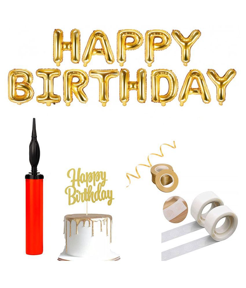     			1 Set Golden Happy Birthday Foil Balloon + 1 Pcs Happy Birthday Cake Topper + 10 Pcs Balloons Golden & Confetti Balloons ( Pack of 12)