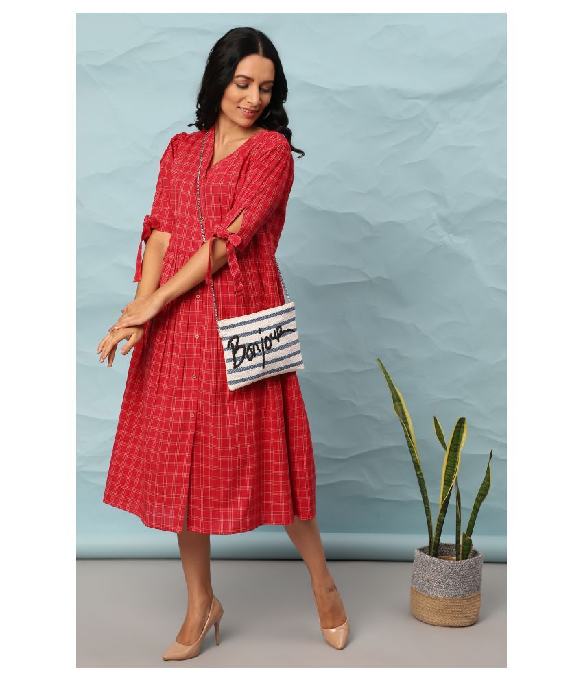     			Janasya Cotton Red Fit And Flare Dress - Single