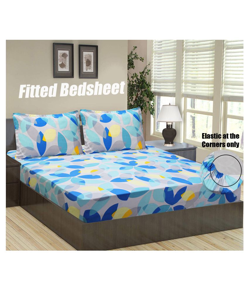     			Home Candy Microfiber Floral Double Fitted Bedsheet with 2 Pillow Covers - Blue