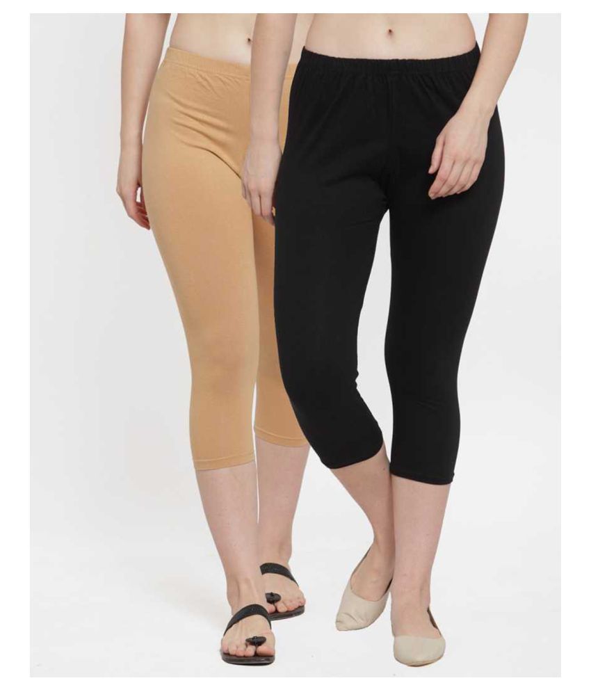     			ComfyStyle Beige,Black Cotton Solid Capri - Pack of 2