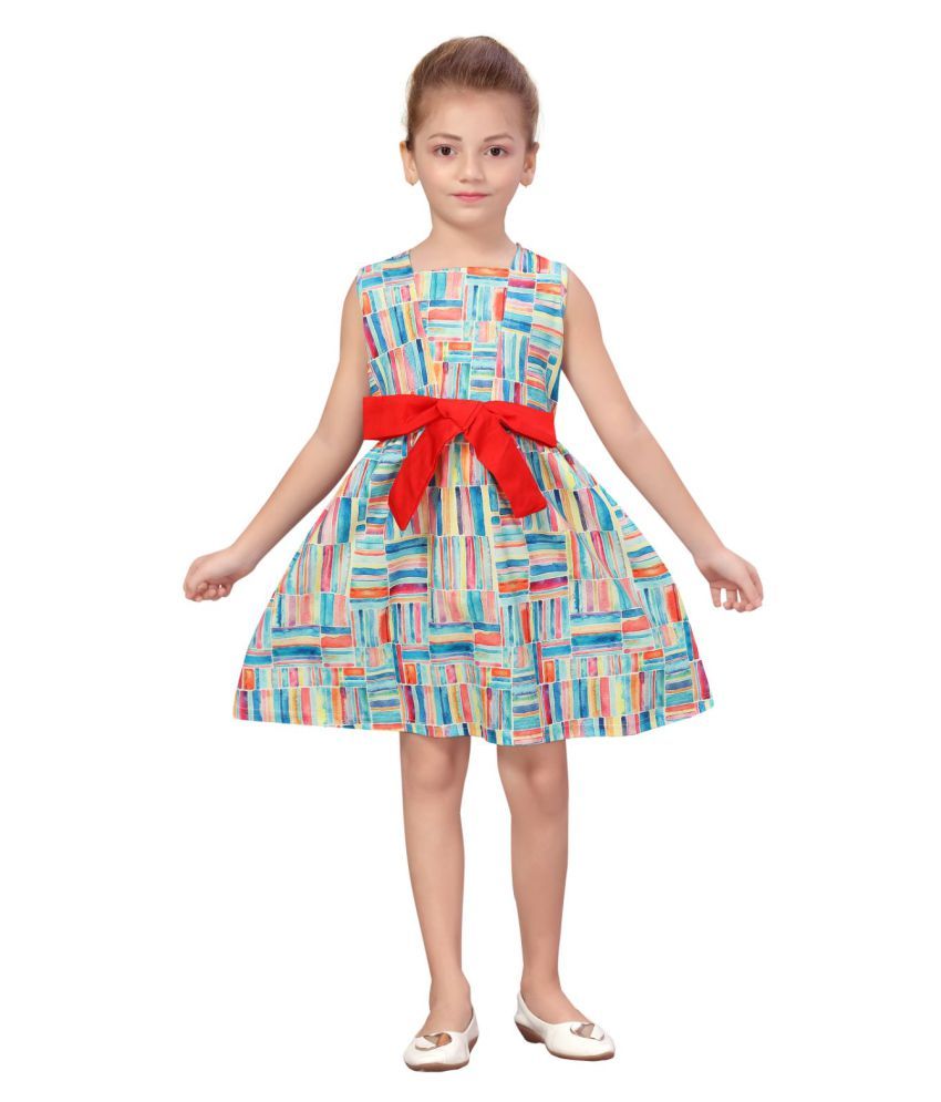     			K&U Girls Fit & Flare Digital Printed Dress in Blue, Orange, Red