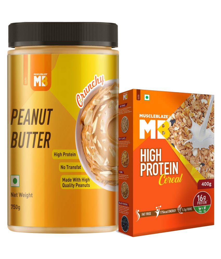 MuscleBlaze Classic Peanut Butter, Crunchy, 750g with High Protein Cereal, 400g