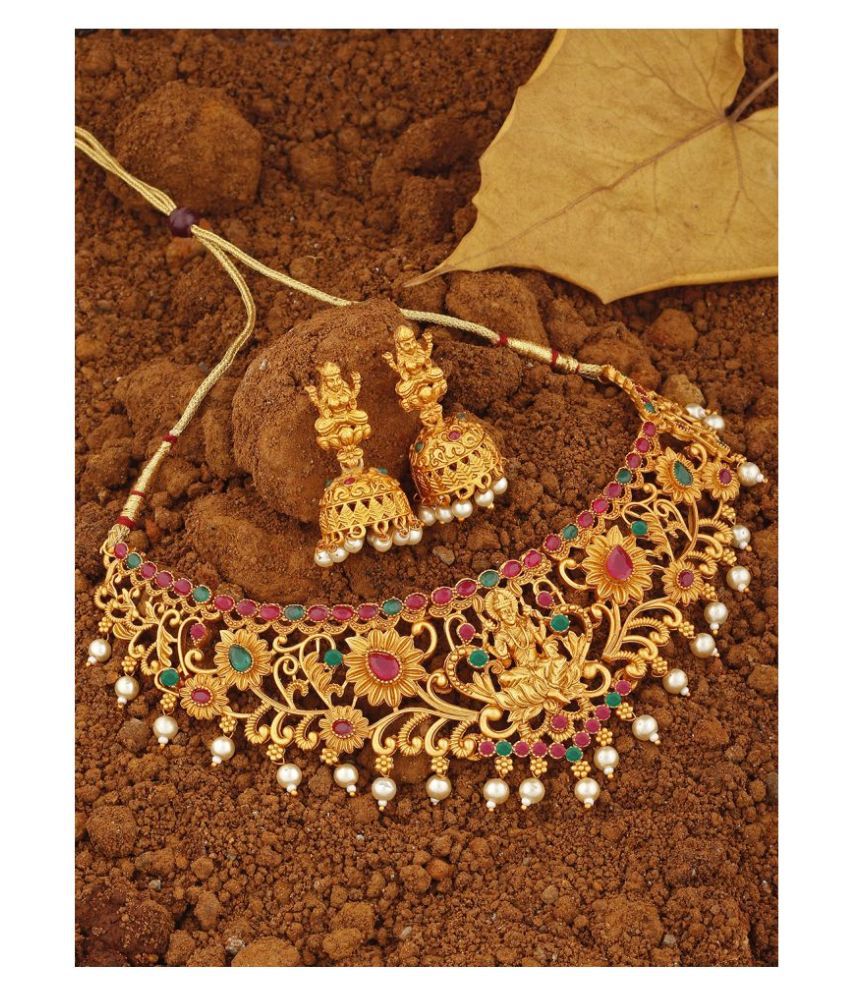 Spargz Alloy Golden Traditional Necklaces Set Choker