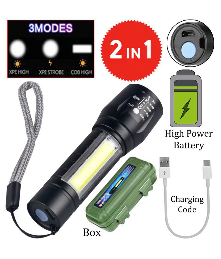 New 2 in 1 High Quality LED Flashlight 100 Meter Full Metal Body 3 Modes Rechargeable Battery Waterproof Zoomable Flashlight Torch - Pack of 1