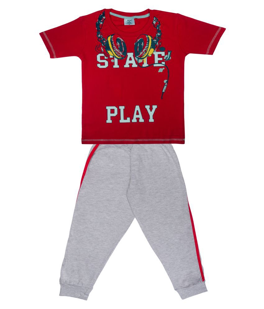     			Todd N Teen Boys Cotton Pinted Tshirt, Dailywear, Clothing Set With Track Pant Full Pant Pyjama red 5-6 years