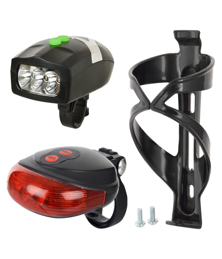 Dark Horse Bicycle 3 LED 3 Mode Front Light & Horn, Laser Tail Light & Black Bottle Cage LED Front Rear Light Combo