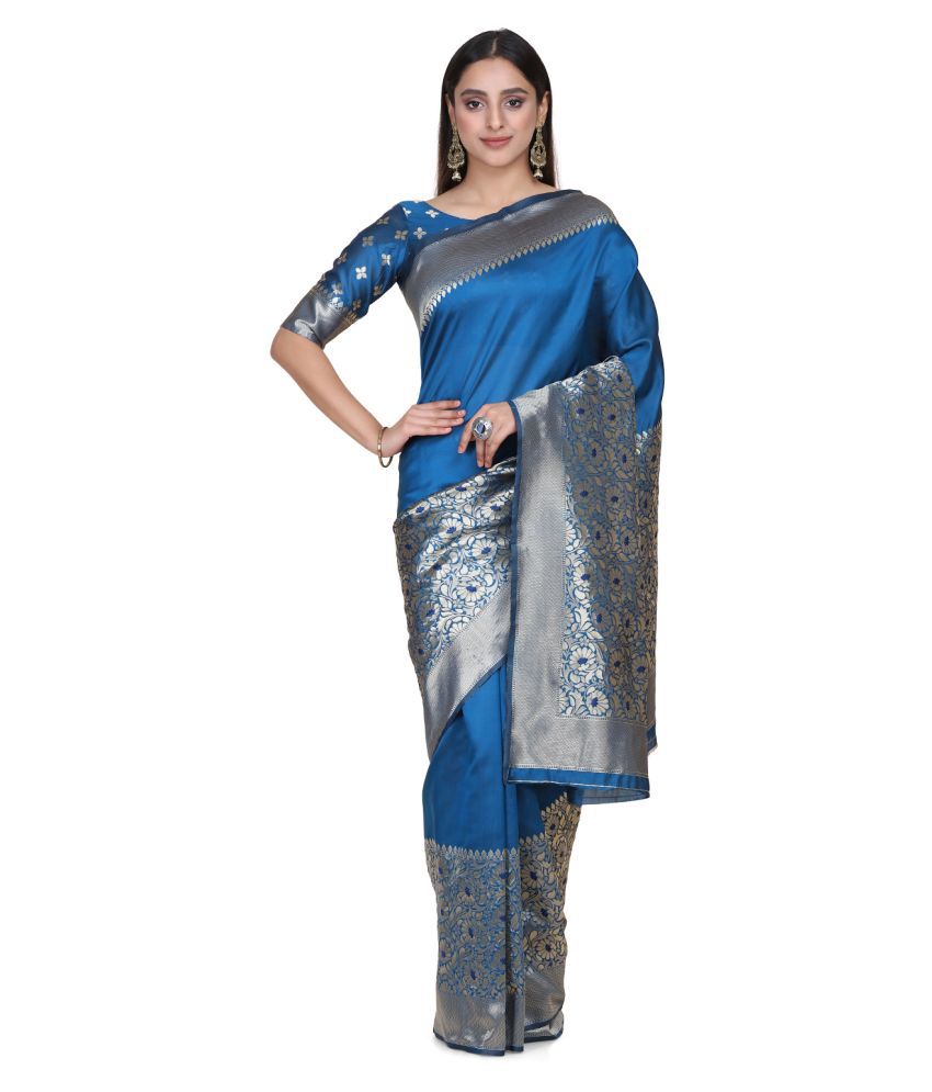     			Shaily Retails Blue Silk Blend Saree - Single
