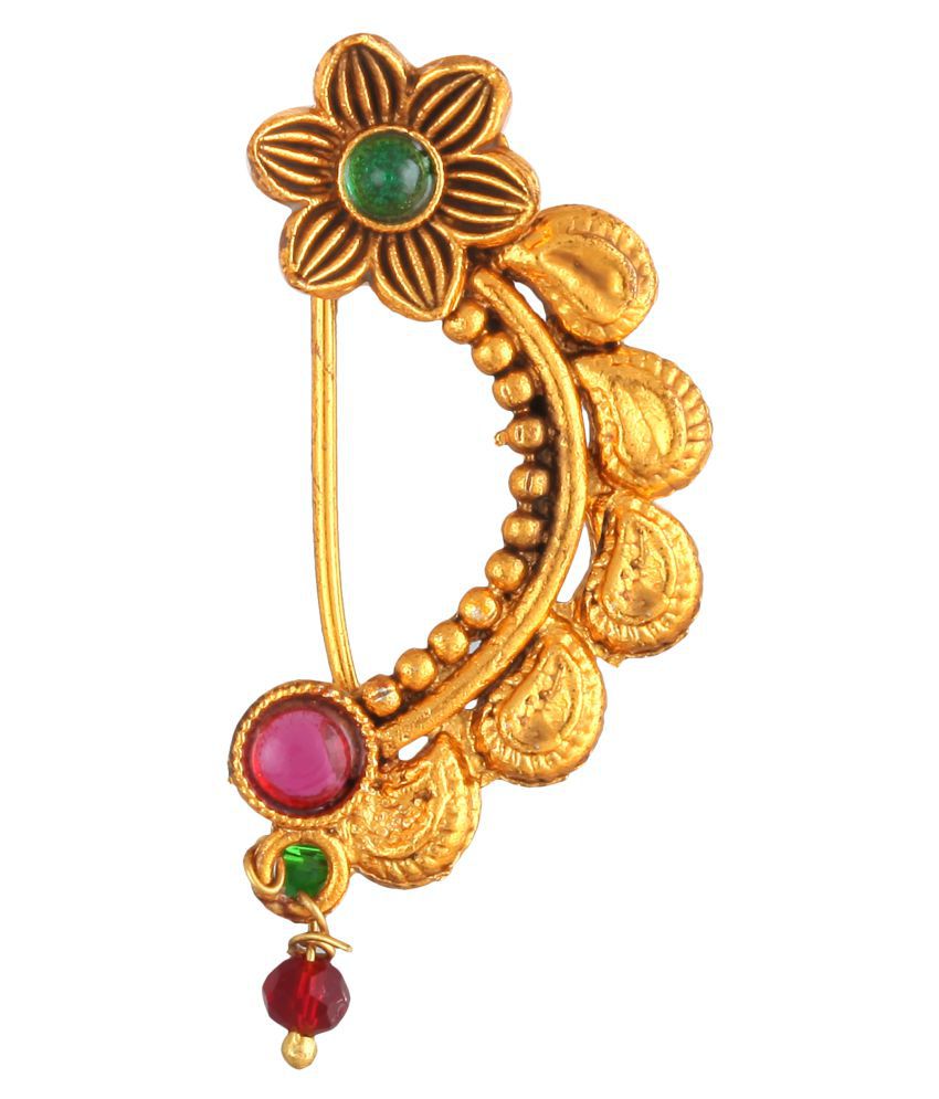 Vighnaharta Oxidised Gold with Artificial stone and beads Alloy Maharashtrian Nath Nathiya./ Nose Pin for women-VFJ1032NTH-Press