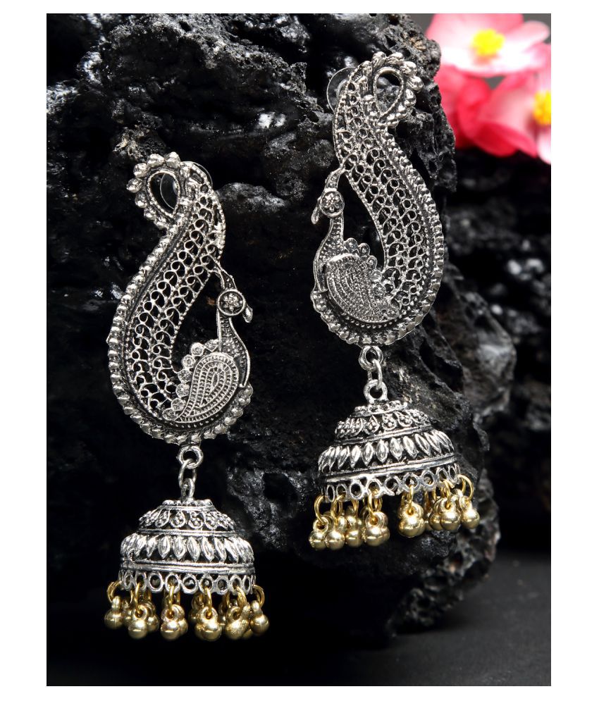     			NEUDIS Oxidised Ethnic Antique Gold and Silver Toned Peacock Shaped Jhumka Earrings For Women & Girls