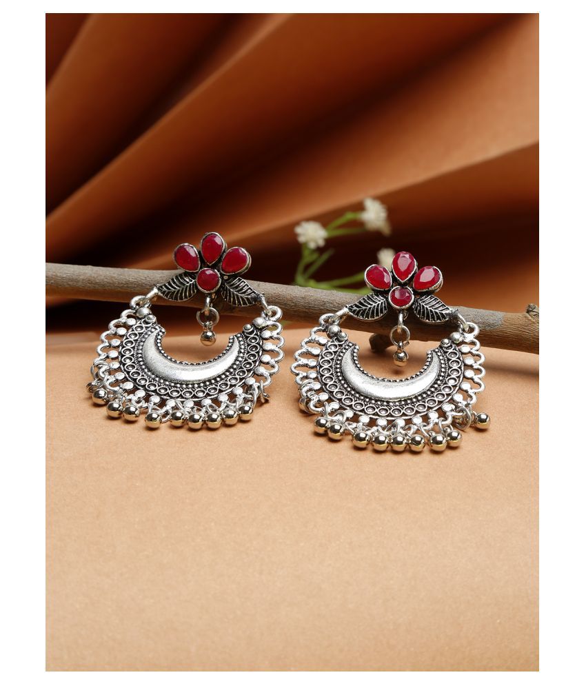     			NEUDIS Oxidised Ethnic Antique Silver Toned Red Stone Studed Floral Drop Earring