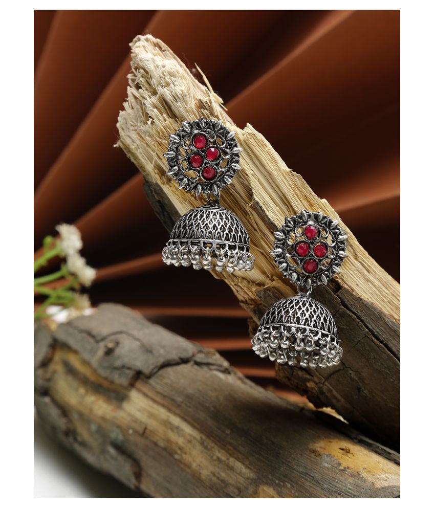     			NEUDIS Oxidised Ethnic Antique Silver Toned Red Stone Studed Floral Jhumki Drop Earring