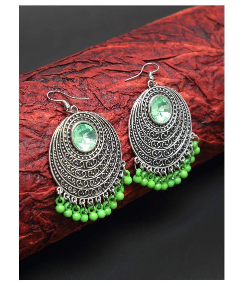     			NEUDIS Oxidised Ethnic Antique  Silver Toned Green Mirror Work Jhumka Earrings For Women & Girls