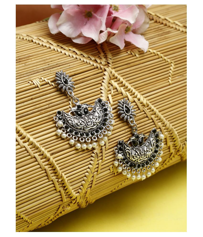     			NEUDIS Oxidised Ethnic Antique Silver Toned Black Stone & White Pearl Studed Floral Drop Earring