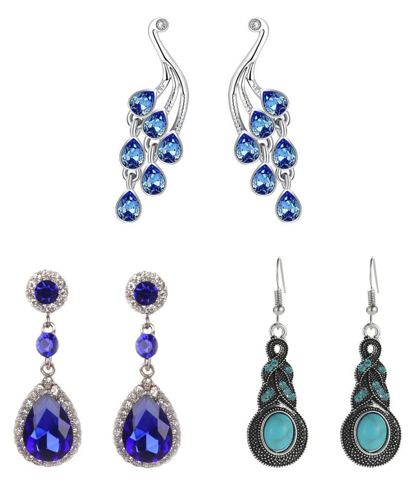     			Sukkhi Glorious Rhodium Plated Crystals from Swarovski Dangle Pair of 3 Earring Combo For Women