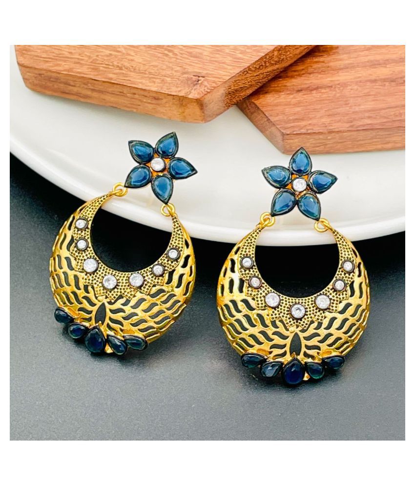     			The Jewelbox Filigree Flower Chaand Bali Sapphire Blue American Diamond CZ Gold Plated Earring for Women
