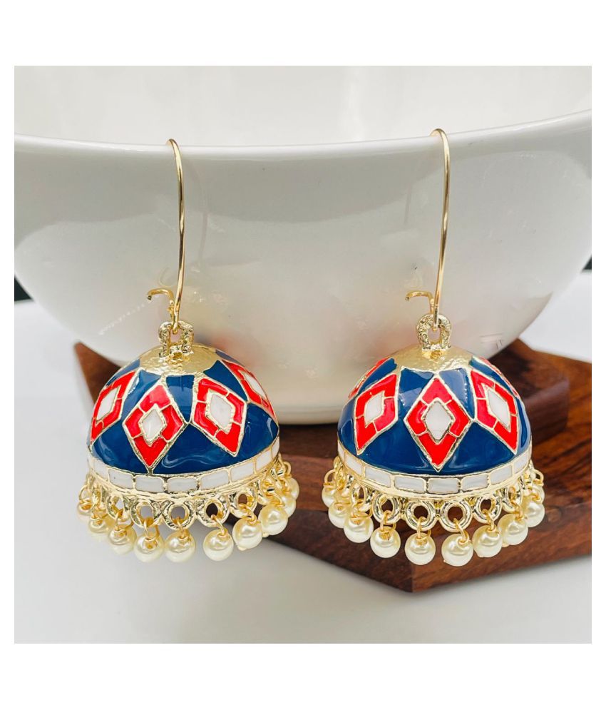     			The Jewelbox Pink Blue White Gold Plated Meenakari Pearl Enamel Jhumki Earring for Women