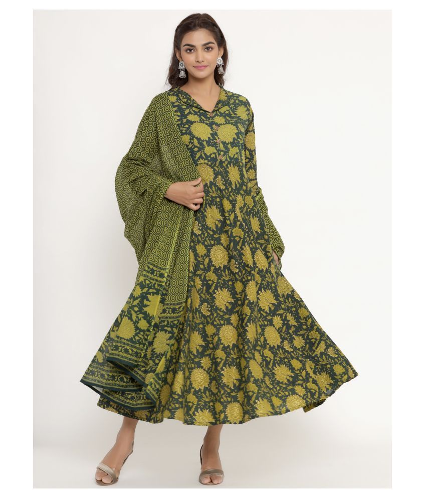     			Angiya Green Cotton Anarkali Kurti -