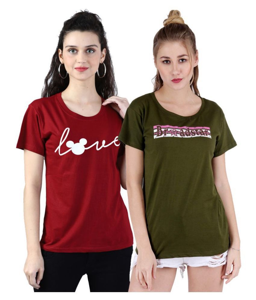 Broadstar Red & Green Cotton T-Shirts Pack of 2
