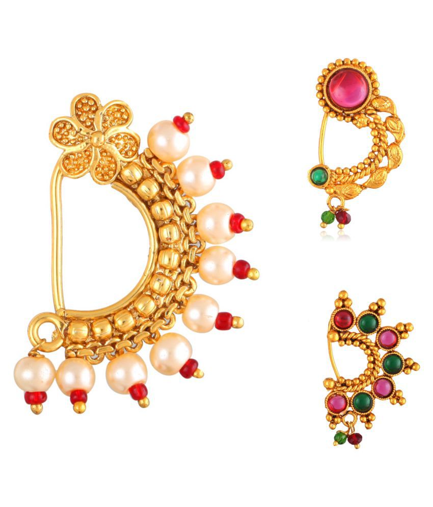     			Vighnaharta Non Piercing Oxidised Gold with Artificial stone and beads Red Stone Alloy Maharashtrian Nath Nathiya./ Nose Pin combo for women VFJ1039-1029-1033NTH-Press