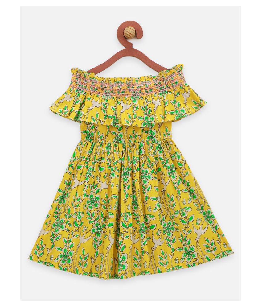 Yellow Flora Print Off Shoulder Flared Dress