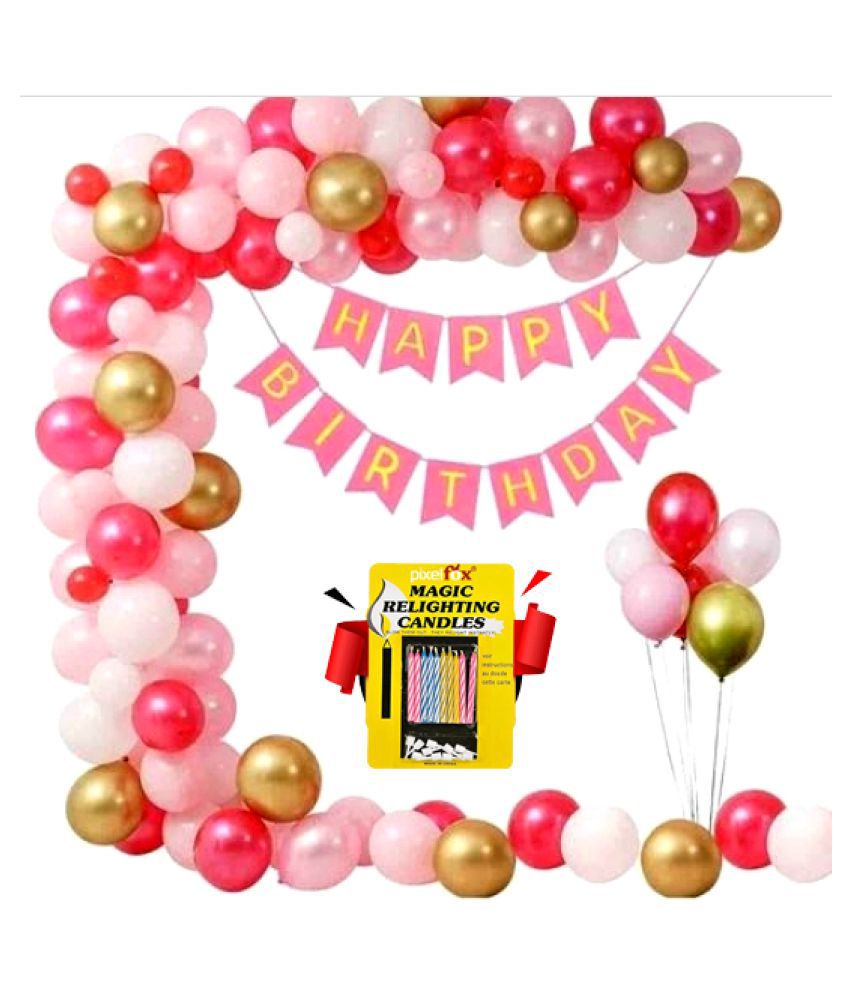     			Happy Birthday Banner (Pink)+ 30 Metallic Balloons (Pink, Red, Gold) + 10 pc. Magic Candles for happy birthday decoration item, birthday decoration kit, birthday balloon decoration combo for Boys, Girls, Kids, husband and Wife.