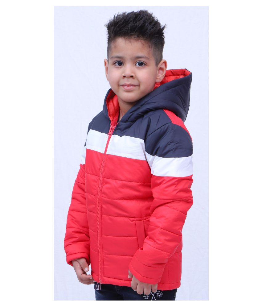 VERO AMORE Kid's Winter Wear Red Colorblocked Full Sleeves Padded Hooded Jacket